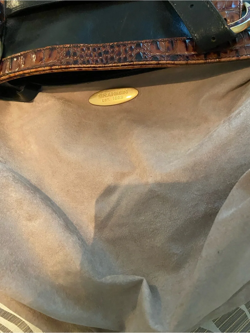 Brahmin Tuscan Collection Black & Brown Croc Embossed Leather Satchel Tote Bag